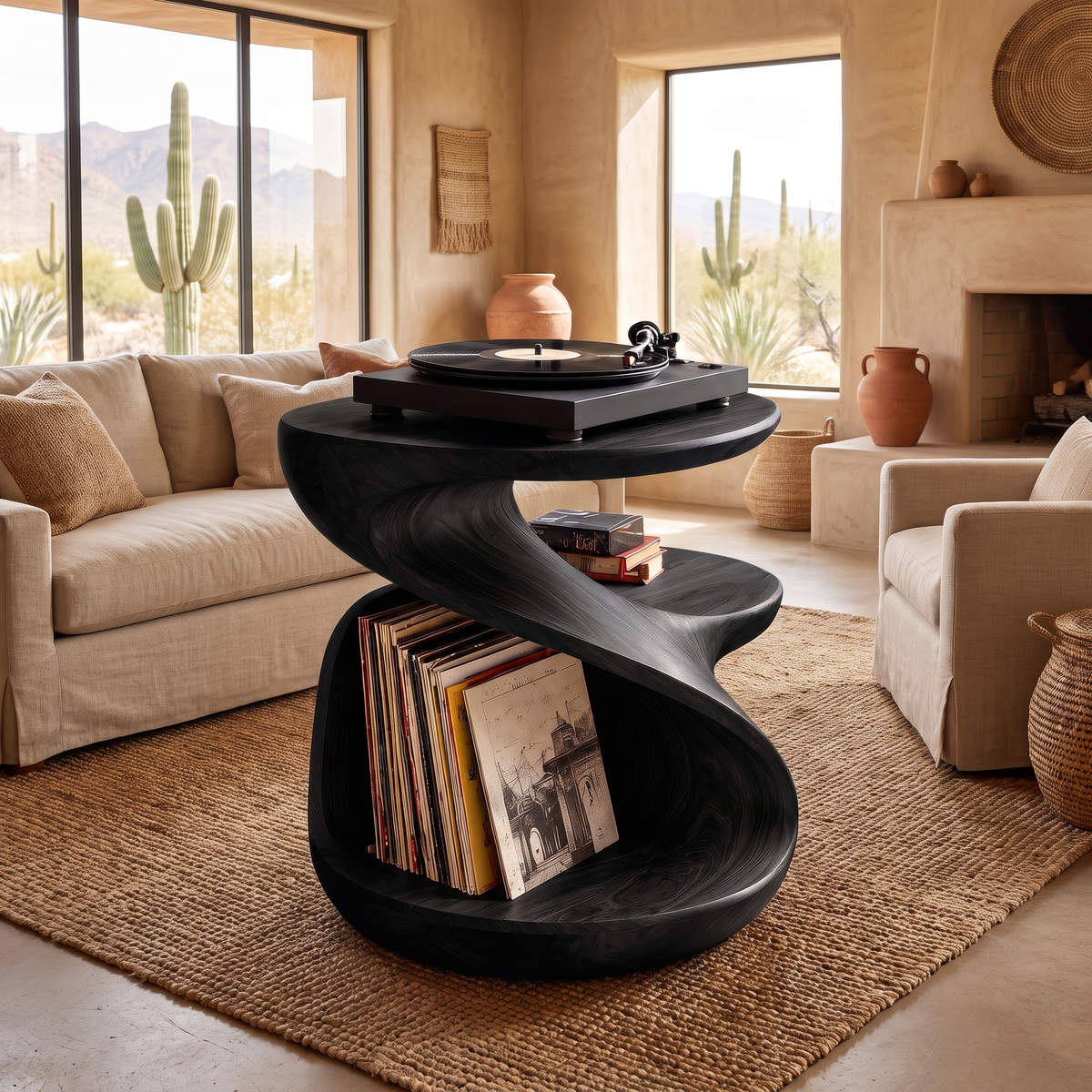 Sonavere Twisting Sculpted Handcrafted Record Player Stand With Storage Black - Timberustic Record Player Stand With Storage