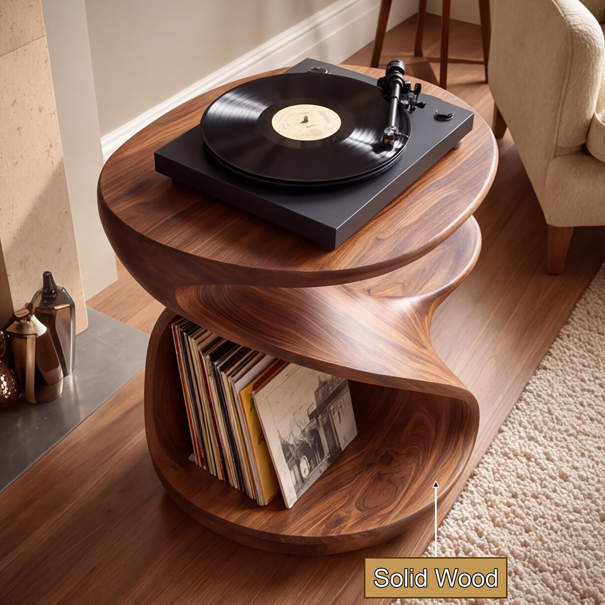 Sonavere Twisting Sculpted Handcrafted Record Player Stand With Storage - Timberustic Record Player Stand With Storage