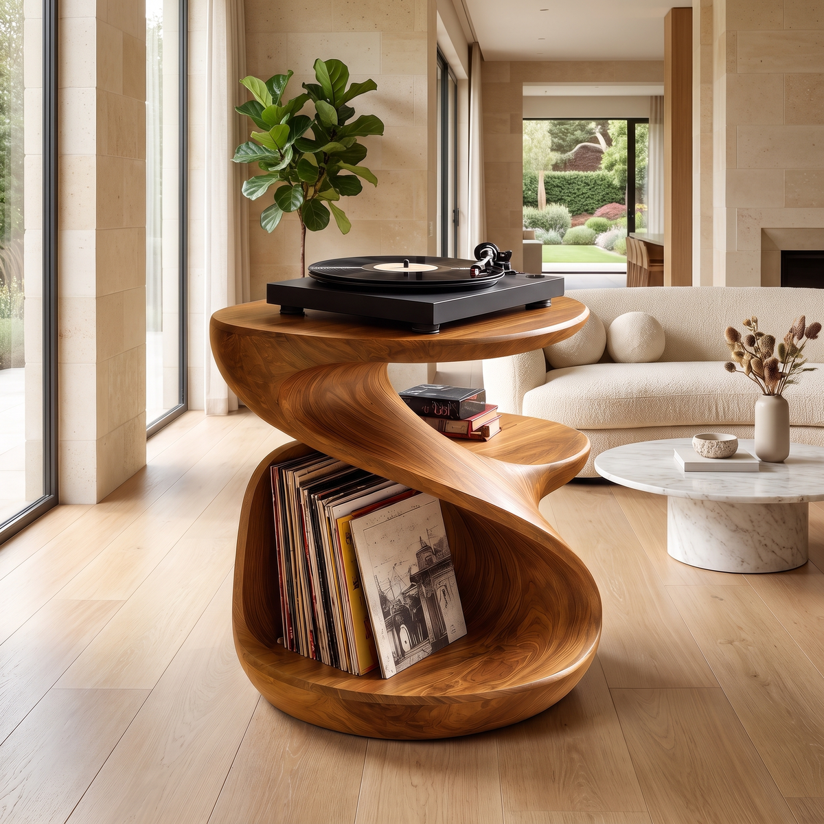 Sonavere Twisting Sculpted Handcrafted Record Player Stand With Storage Teak - Timberustic Record Player Stand With Storage