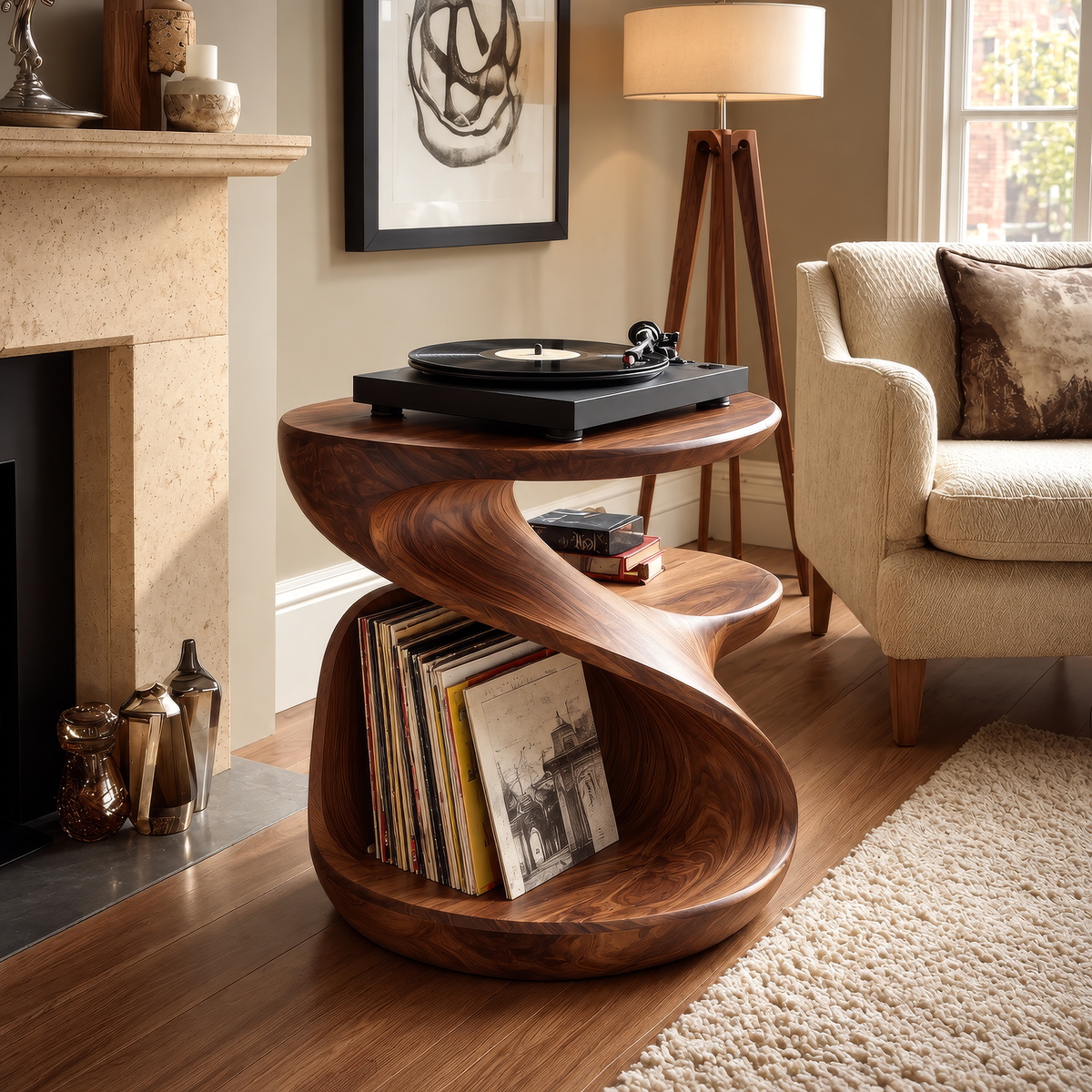 Sonavere Twisting Sculpted Handcrafted Record Player Stand With Storage - Timberustic Record Player Stand With Storage