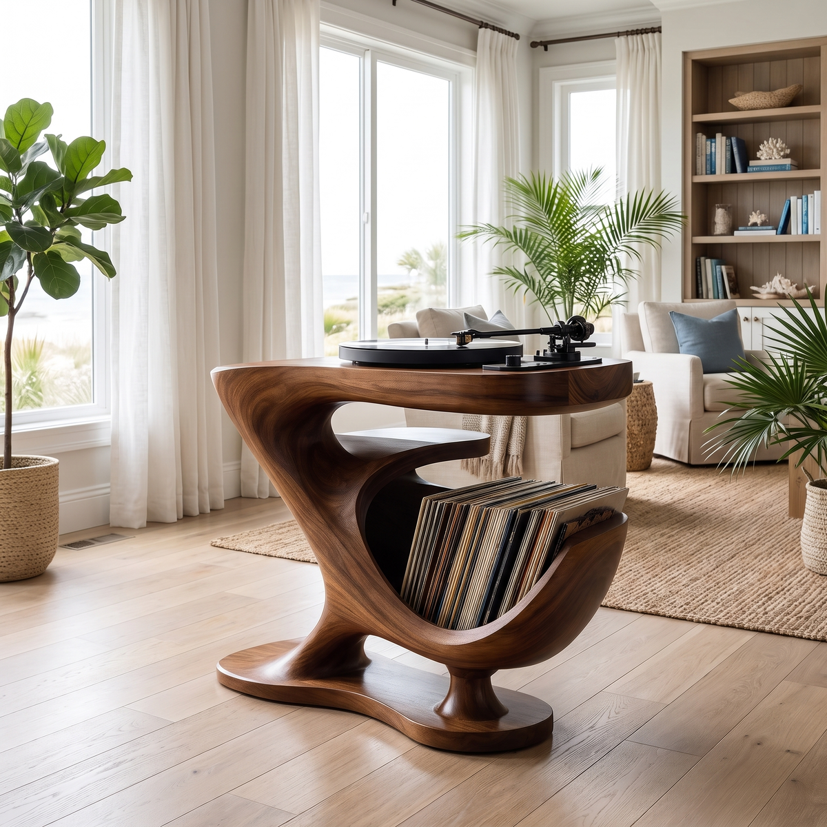 Sonvella Flowing Sculpted Handcrafted Record Player Stand With Storage Brown - Timberustic Record Player Stand With Storage