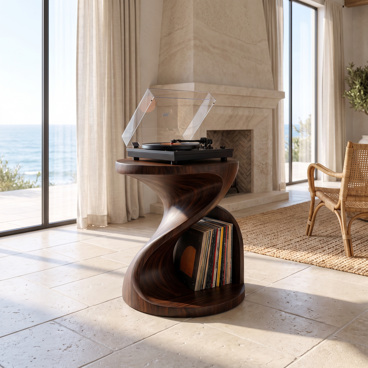 Sonvessa Twisting Sculpted Handcrafted Record Player Stand With Storage Dark Walnut - Timberustic Record Player Stand With Storage