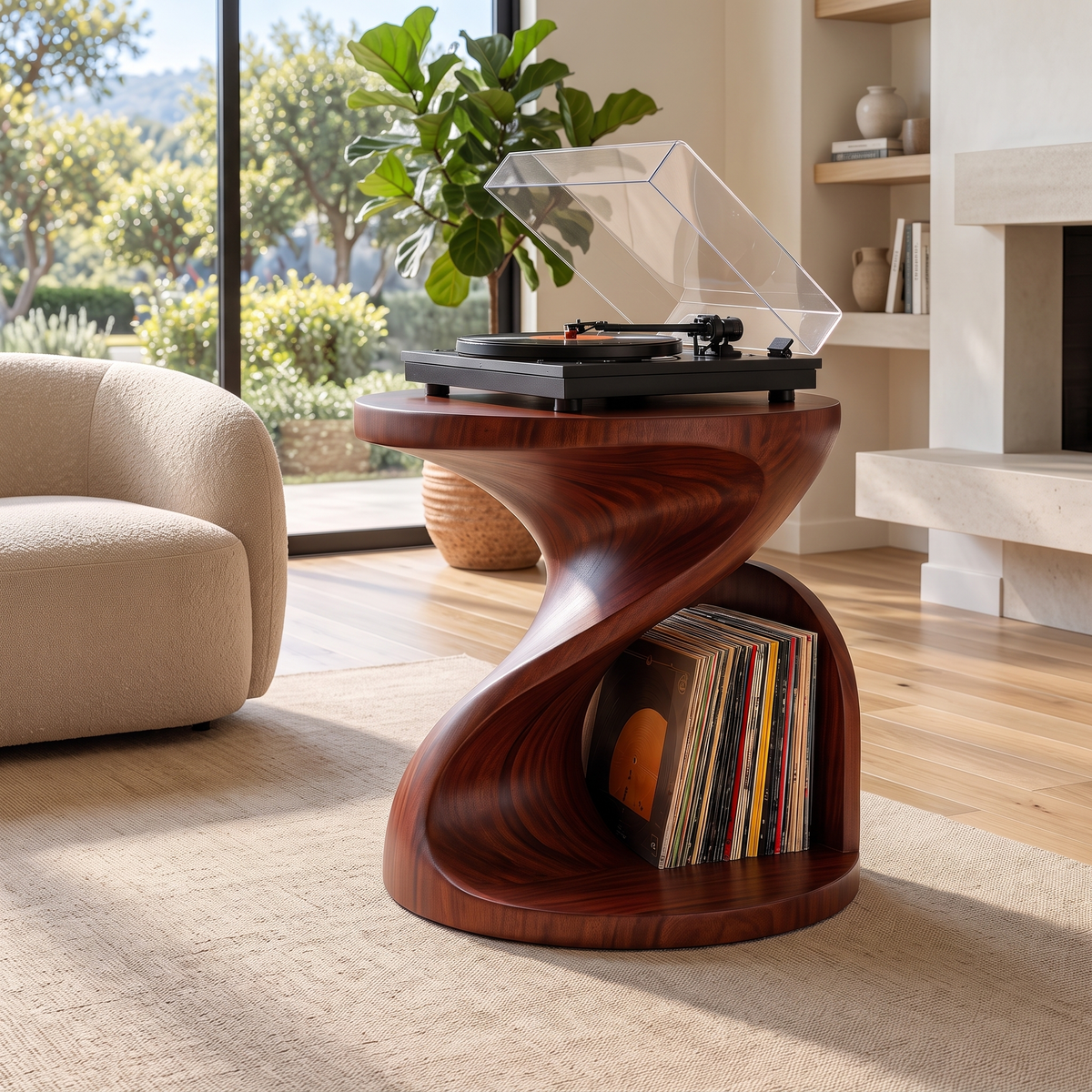 Sonvessa Twisting Sculpted Handcrafted Record Player Stand With Storage Mahogany - Timberustic Record Player Stand With Storage