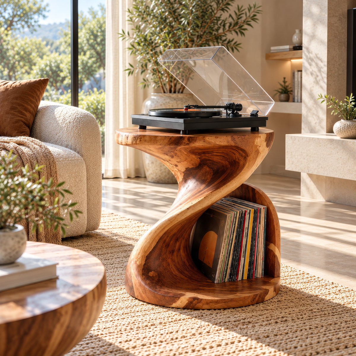 Sonvessa Twisting Sculpted Handcrafted Record Player Stand With Storage - Timberustic Record Player Stand With Storage