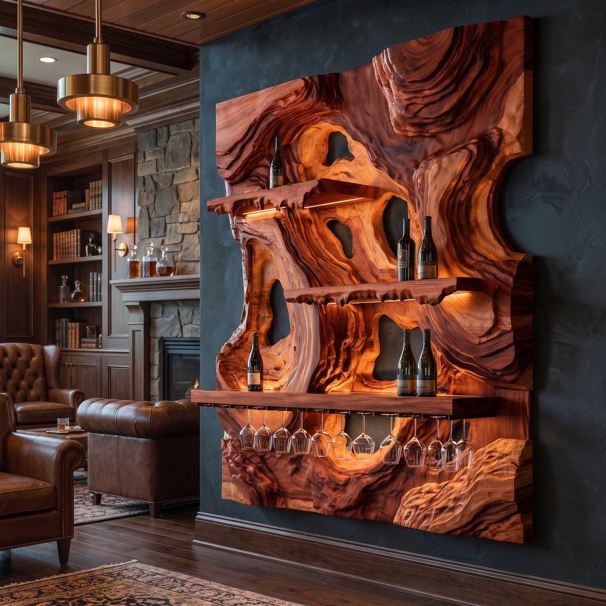 Stratavorn Topographic Mountain Handcrafted Floating Wine Shelf by Timberustic — Mahogany finish
