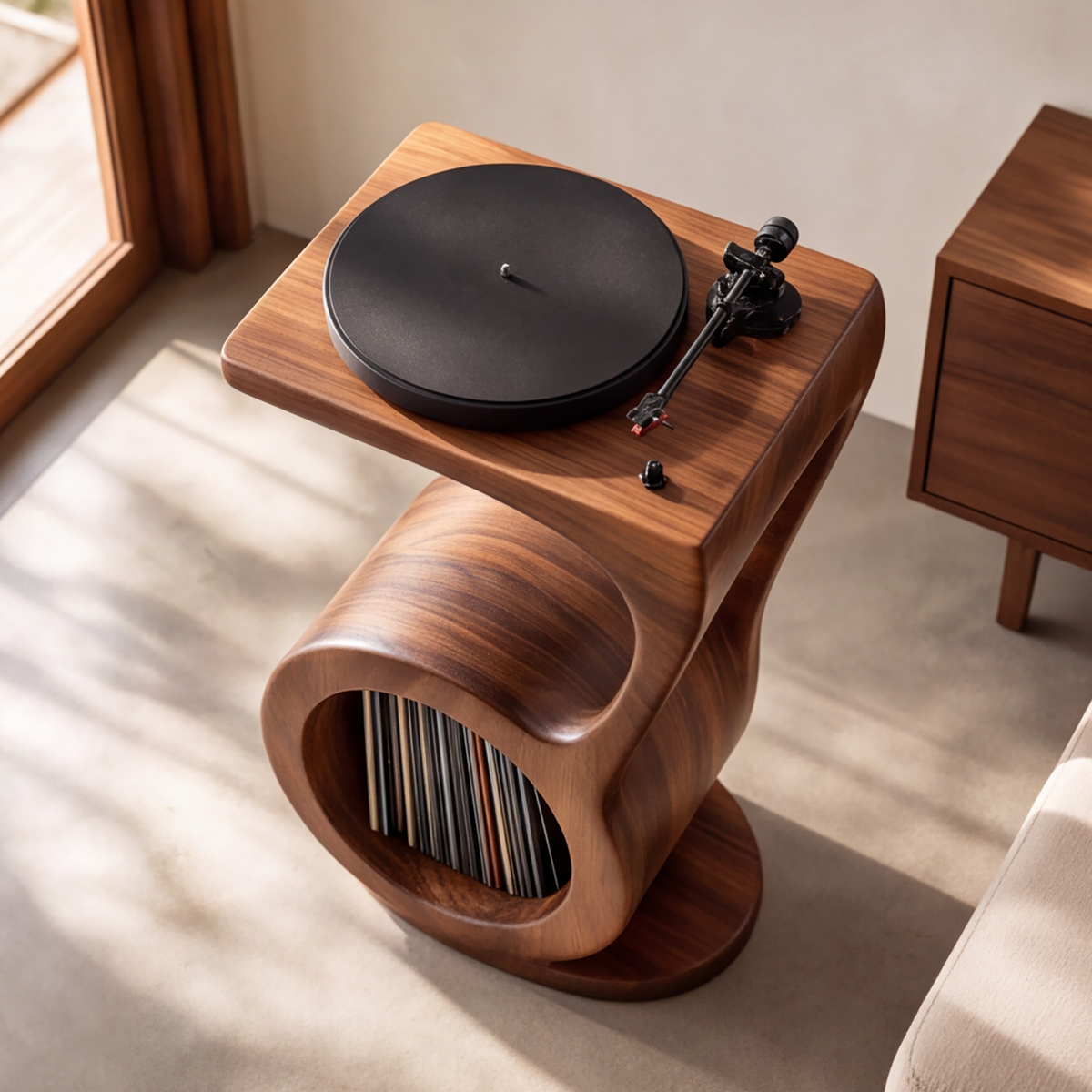 Sylawyn Circular Sculpted Handcrafted Record Player Stand With Storage - Timberustic Record Player Stand With Storage