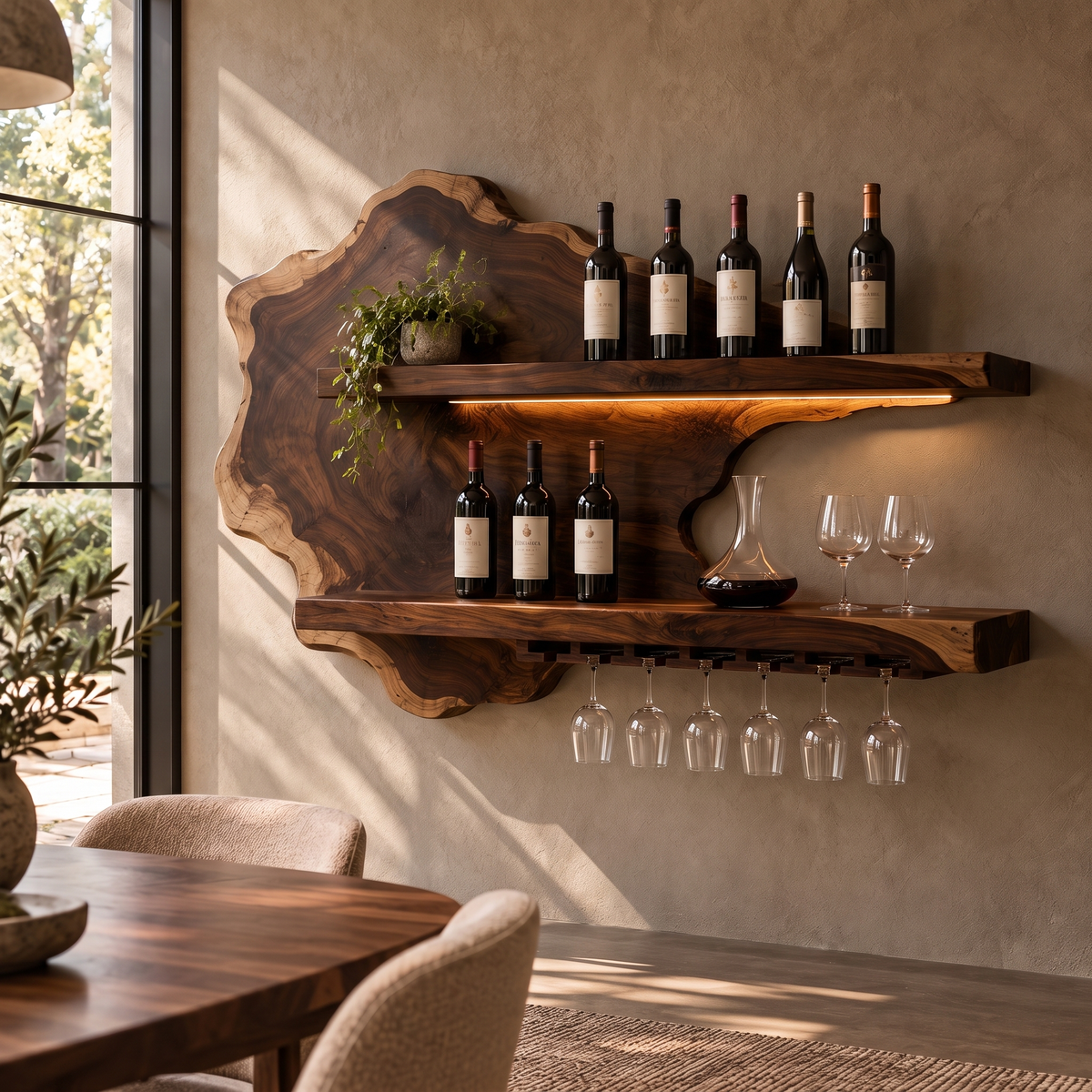 Sylelune Live Edge Handcrafted Floating Wine Shelf by Timberustic — Dark Walnut finish