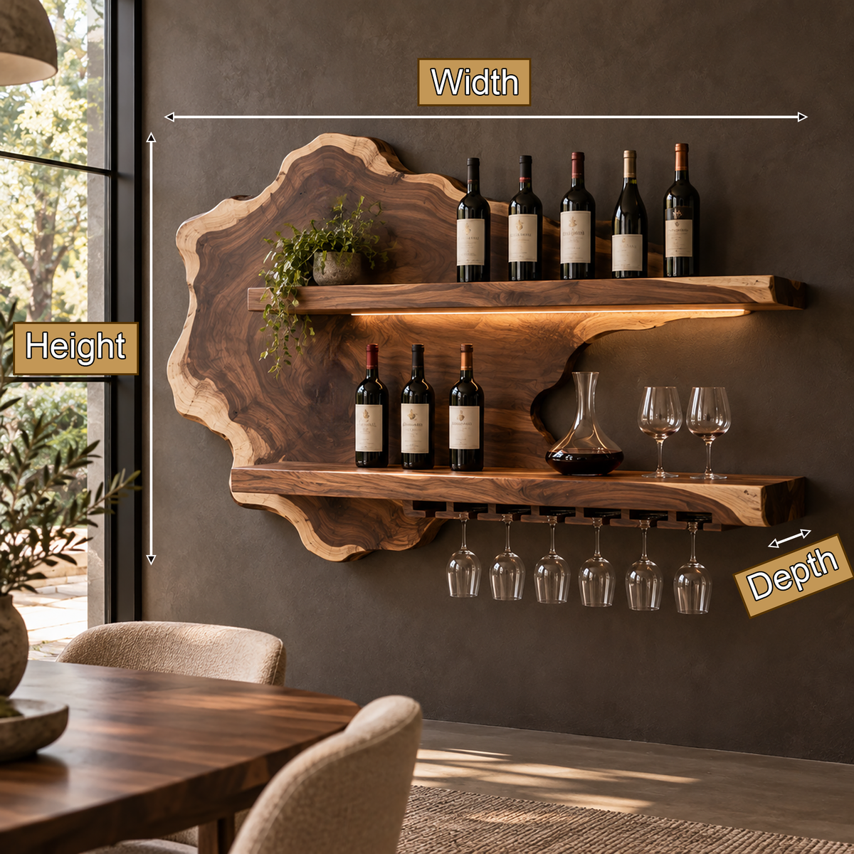 Sylelune Live Edge Handcrafted Floating Wine Shelf by Timberustic — product dimensions