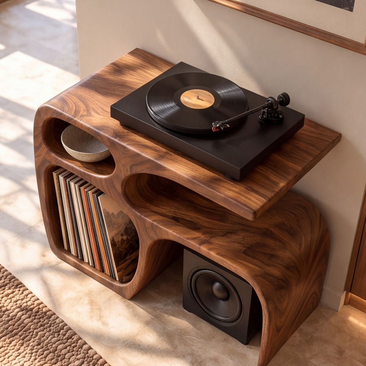 Sylewyn Asymmetric Sculpted Handcrafted Record Player Stand With Storage - Timberustic Record Player Stand With Storage