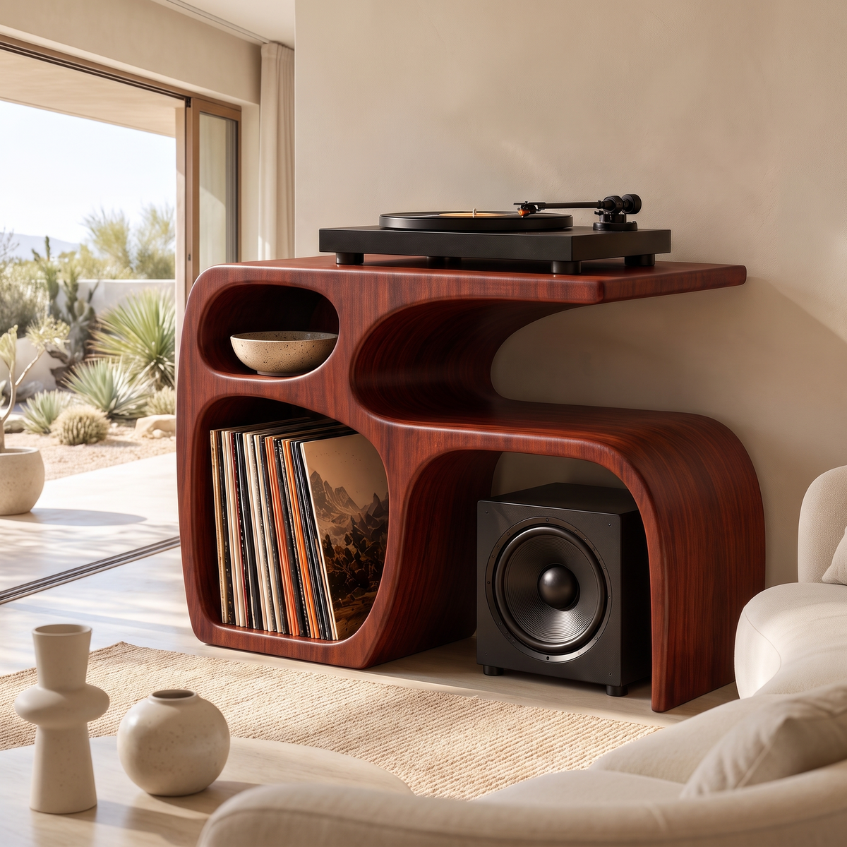Sylewyn Asymmetric Sculpted Handcrafted Record Player Stand With Storage Mahogany - Timberustic Record Player Stand With Storage
