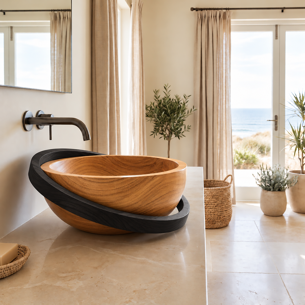 Sylirell Sculpted Oval Ring Handcrafted Vessel Sinks Teak - Timberustic Vessel Sinks