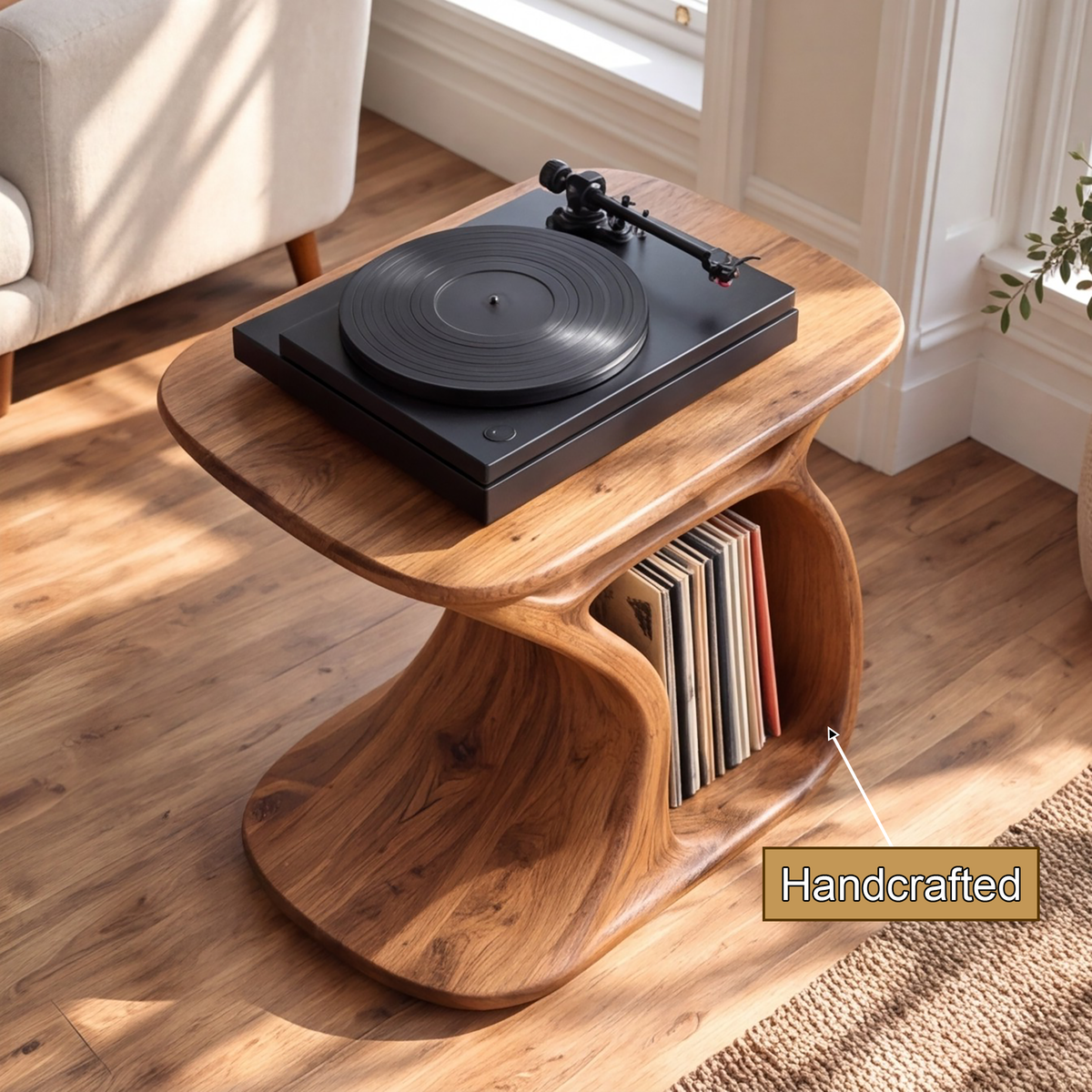Sylivyn Curved Sculpted Handcrafted Record Player Stand With Storage - Timberustic Record Player Stand With Storage
