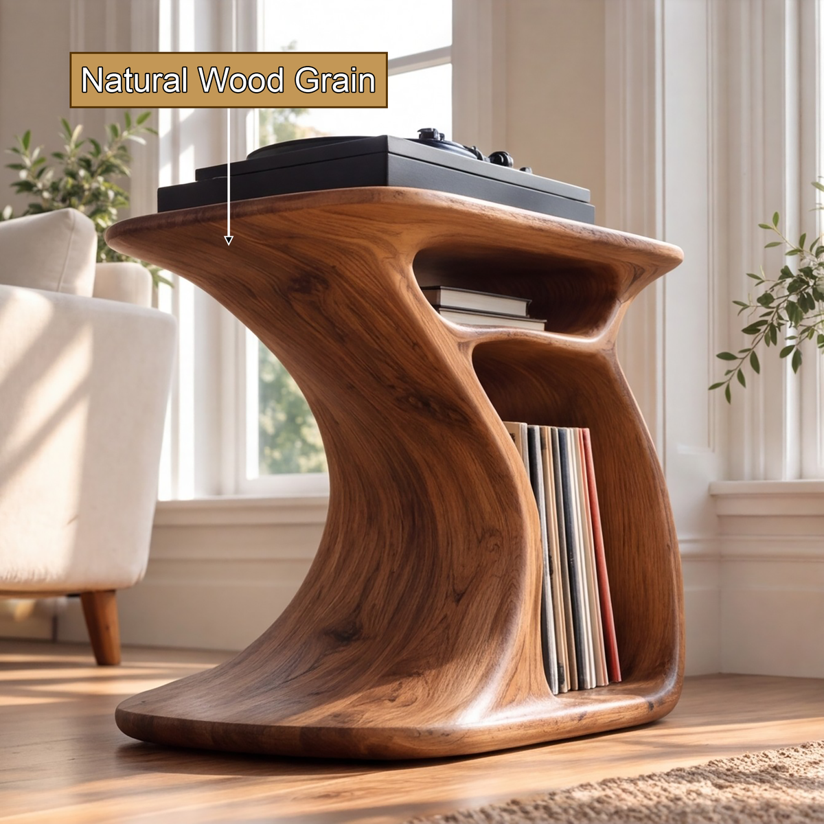 Sylivyn Curved Sculpted Handcrafted Record Player Stand With Storage - Timberustic Record Player Stand With Storage