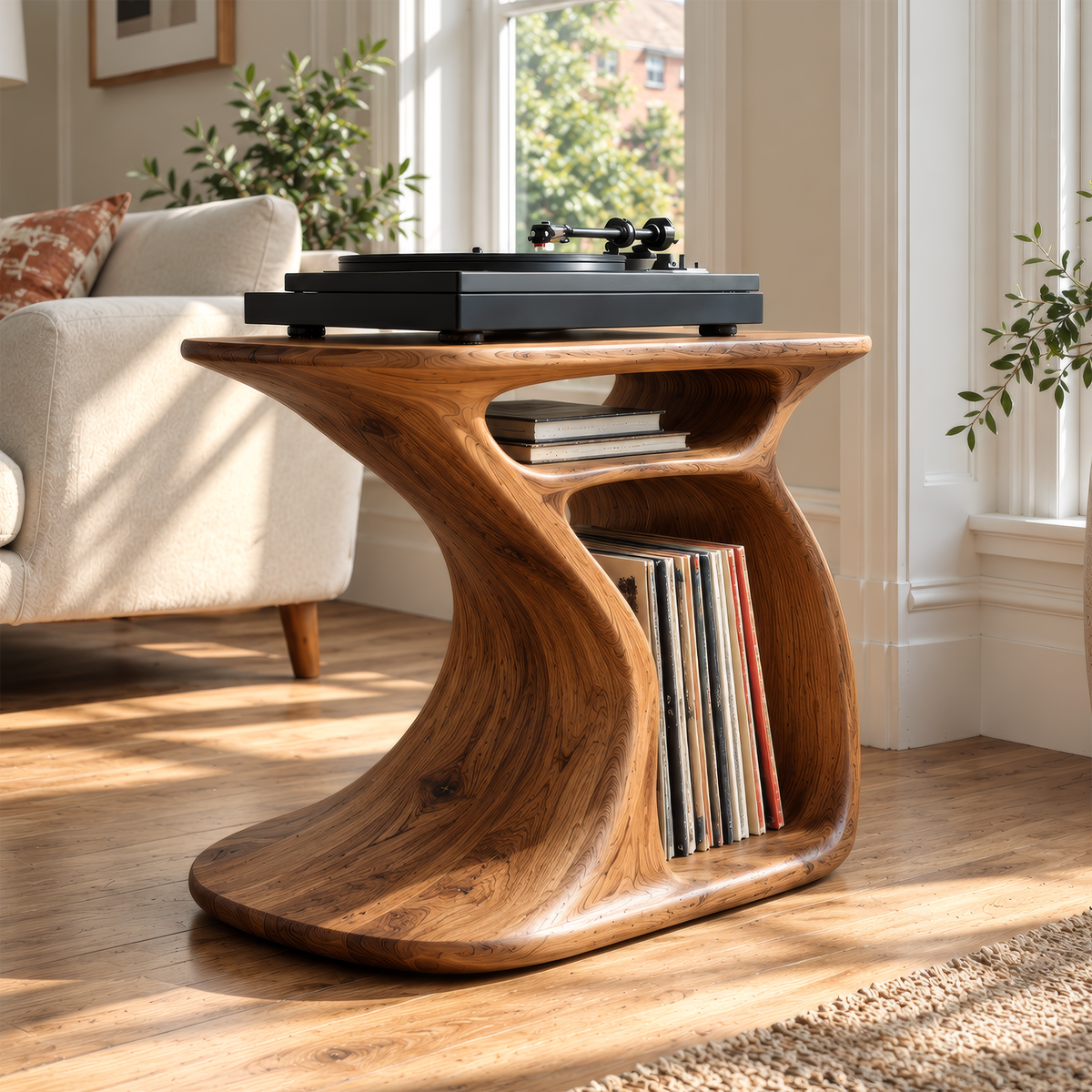 Sylivyn Curved Sculpted Handcrafted Record Player Stand With Storage - Timberustic Record Player Stand With Storage