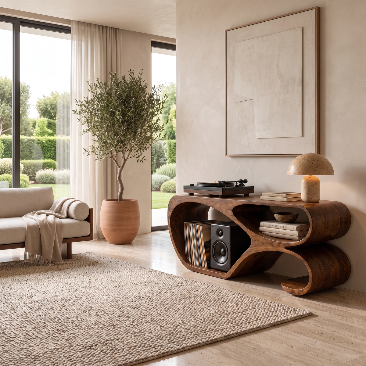 Sylodrin Sculpted Loop Handcrafted Record Player Stand With Storage Brown - Timberustic Record Player Stand With Storage