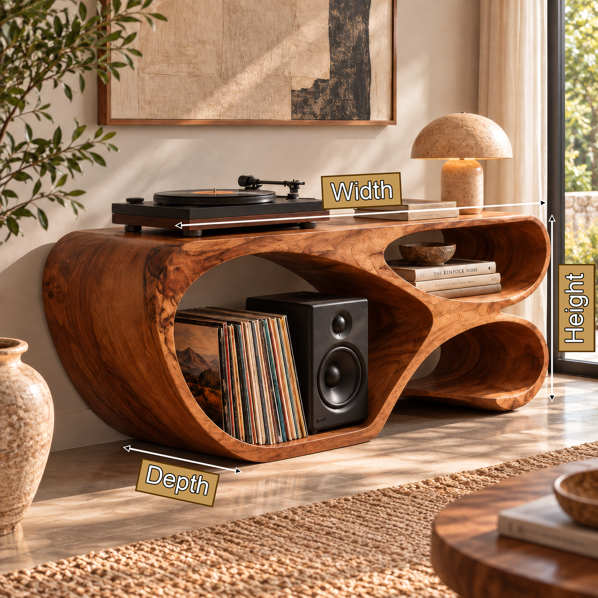 Sylodrin Sculpted Loop Handcrafted Record Player Stand With Storage - Timberustic Record Player Stand With Storage
