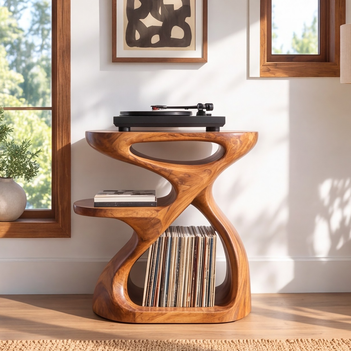 Sylolune Sculpted Open-Frame Handcrafted Record Player Stand With Storage - Timberustic Record Player Stand With Storage
