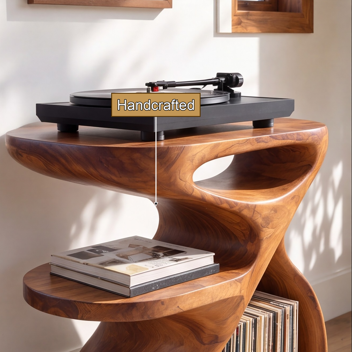 Sylolune Sculpted Open-Frame Handcrafted Record Player Stand With Storage - Timberustic Record Player Stand With Storage