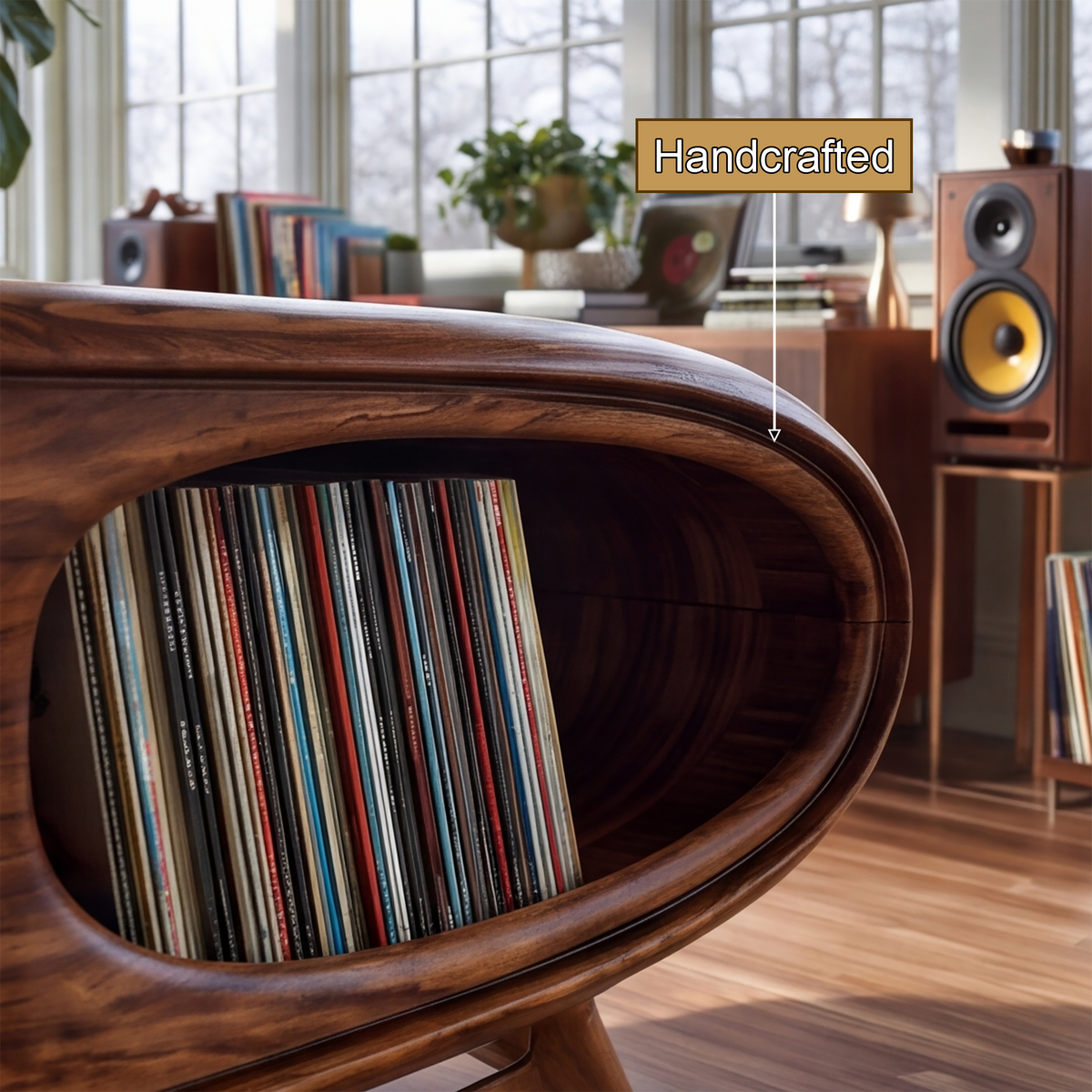 Sylovale Curved Capsule Sculpted Handcrafted Record Player Stand With Storage - Timberustic Record Player Stand With Storage