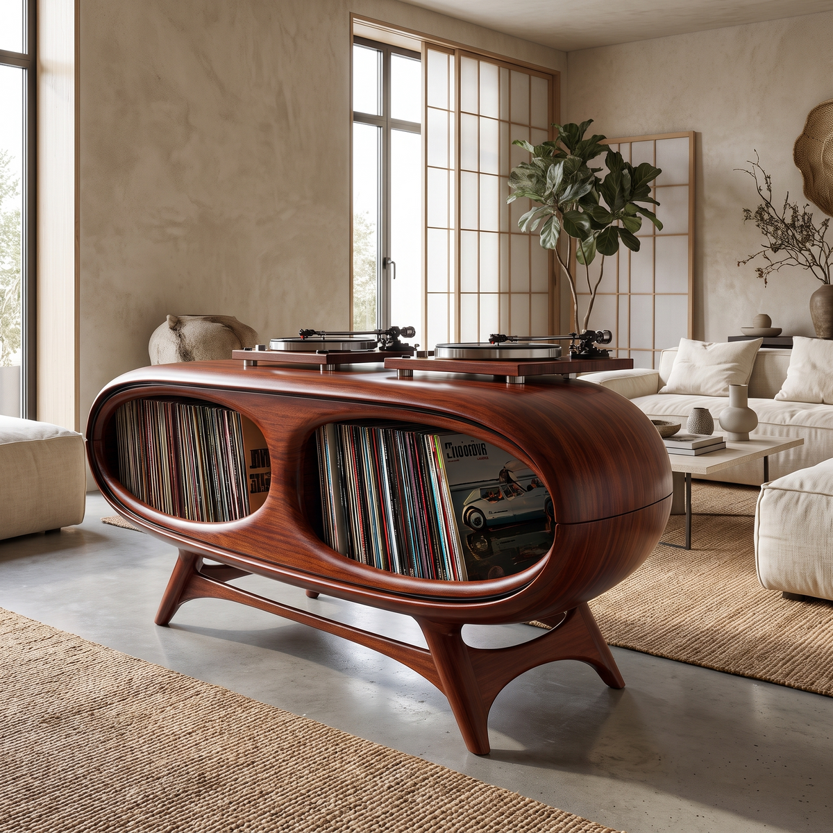 Sylovale Curved Capsule Sculpted Handcrafted Record Player Stand With Storage Mahogany - Timberustic Record Player Stand With Storage