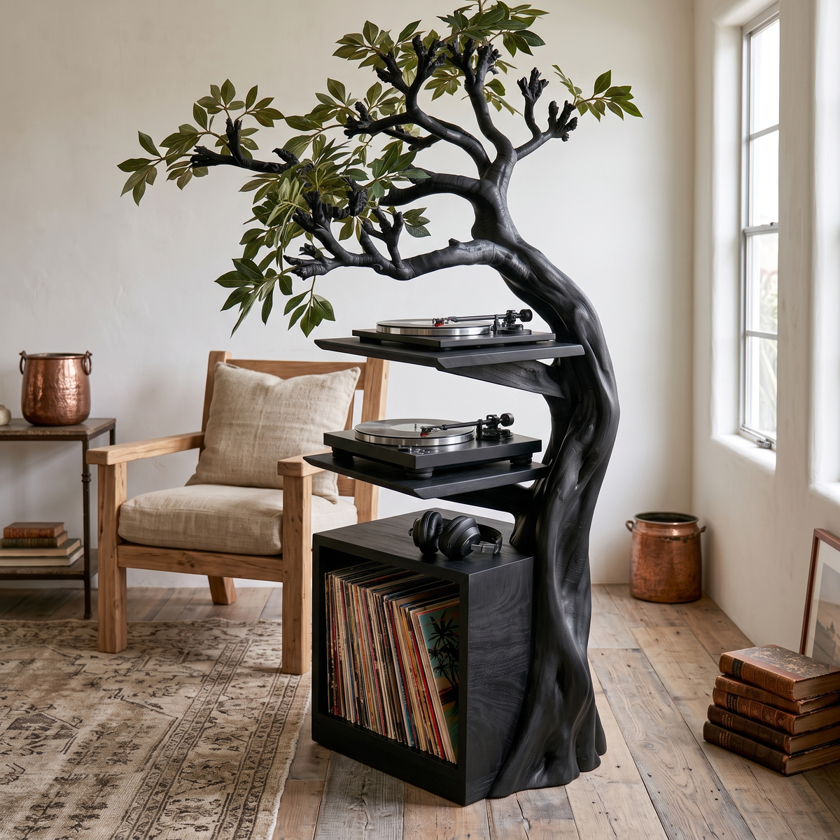 Torsylva Twisting Sculpted Tree Handcrafted Record Player Stand With Storage Black - Timberustic Record Player Stand With Storage