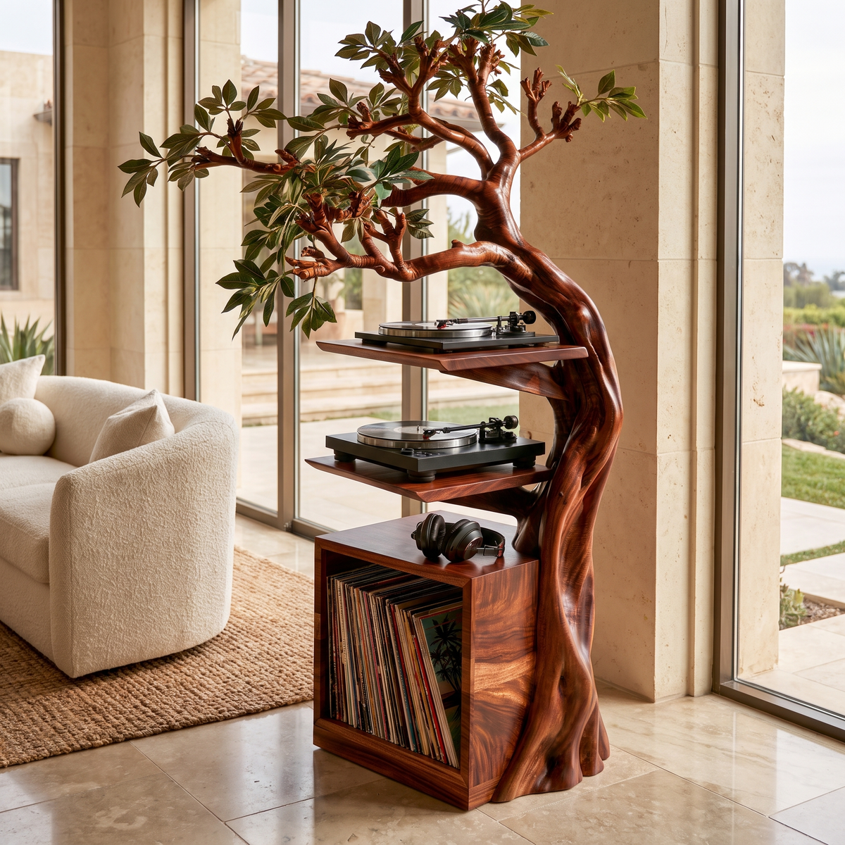Torsylva Twisting Sculpted Tree Handcrafted Record Player Stand With Storage Mahogany - Timberustic Record Player Stand With Storage