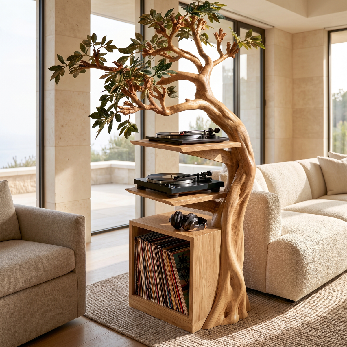 Torsylva Twisting Sculpted Tree Handcrafted Record Player Stand With Storage Natural Oak - Timberustic Record Player Stand With Storage