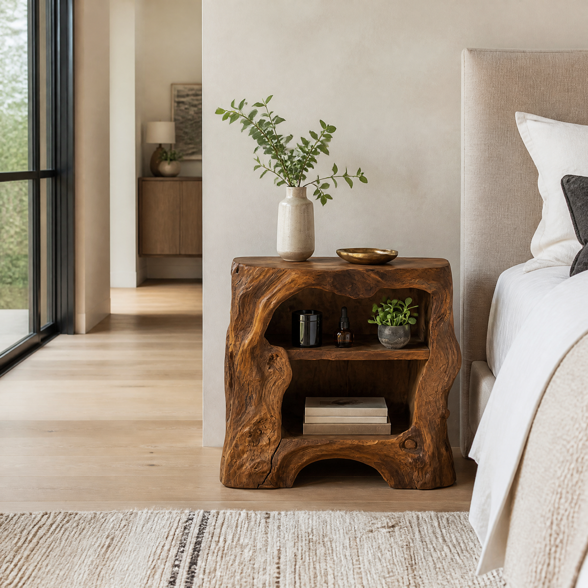 Vardessa Sculpted Arch Handcrafted Bedside Table by Timberustic — Brown finish