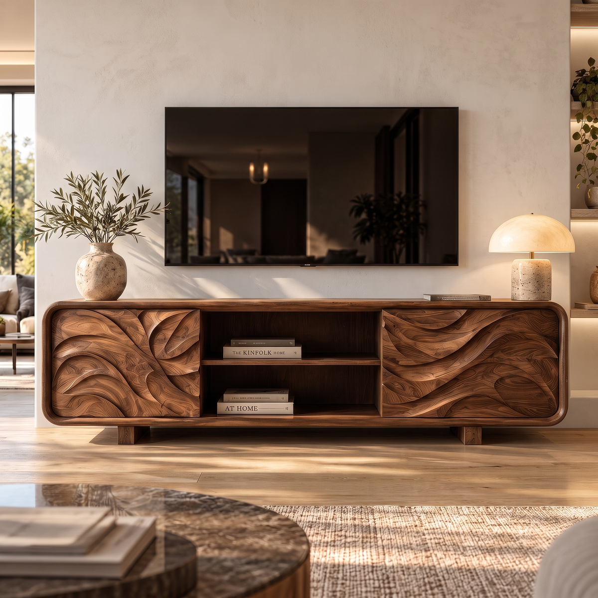Velavale Sculpted Flowing Panel Handcrafted TV Cabinet Brown - Timberustic TV Cabinet