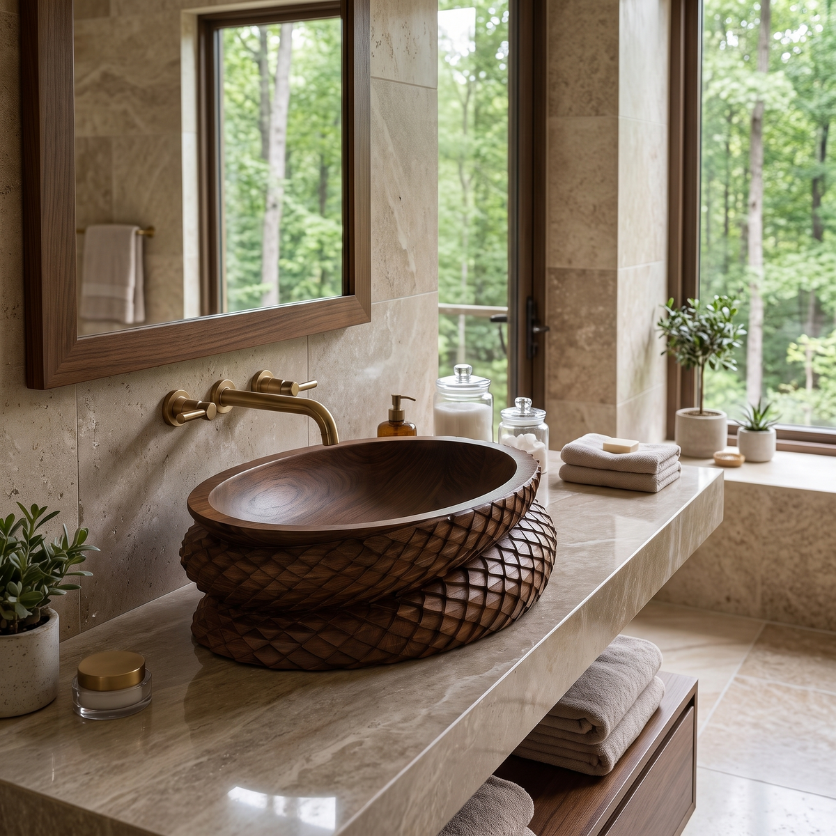 Veledrin Woven Coil Sculpted Handcrafted Vessel Sinks Dark Walnut - Timberustic Vessel Sinks