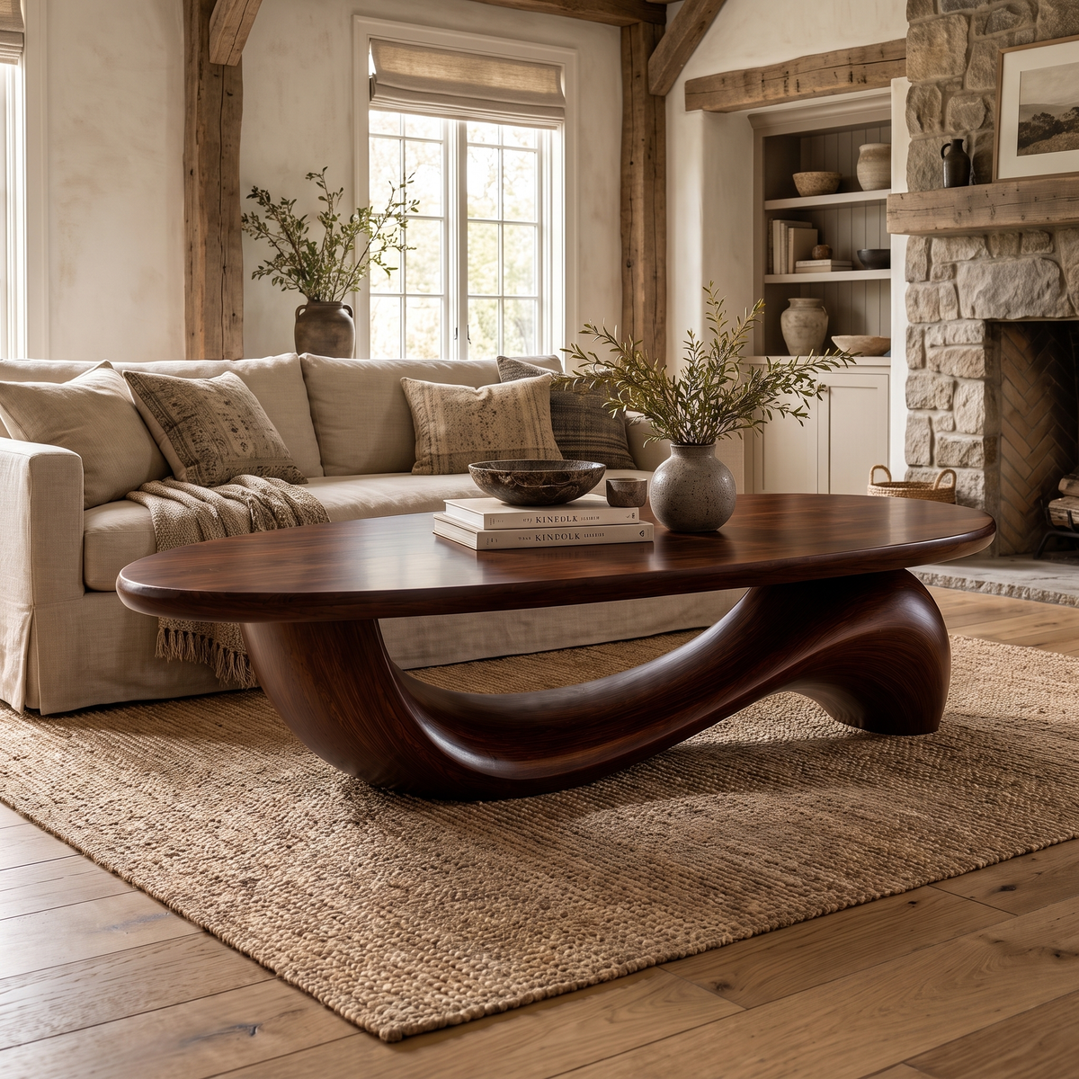 Velilune Sculpted Loop-Base Handcrafted Coffee Table by Timberustic — Dark Walnut finish