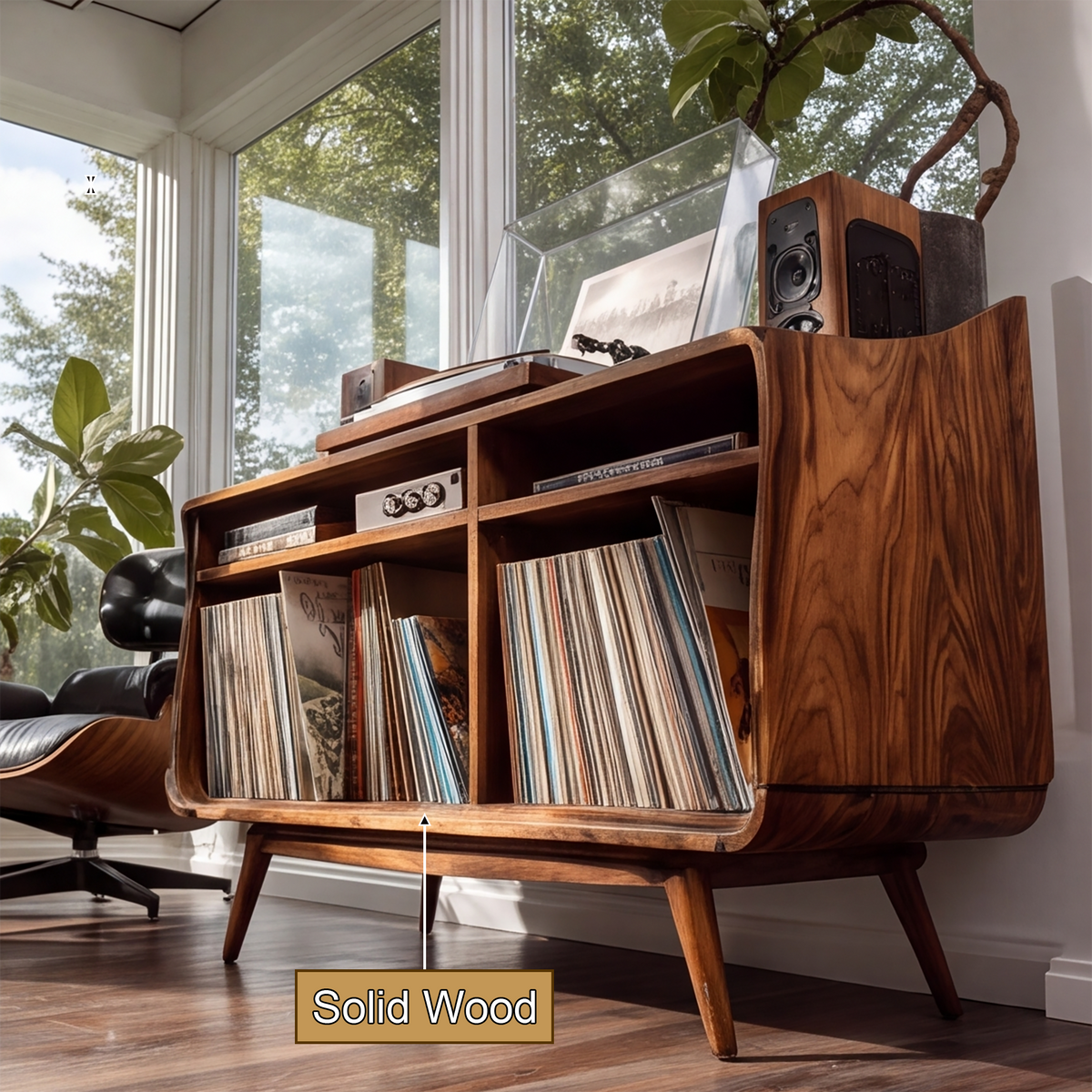 Velivella Curved Profile Handcrafted Record Player Stand With Storage - Timberustic Record Player Stand With Storage