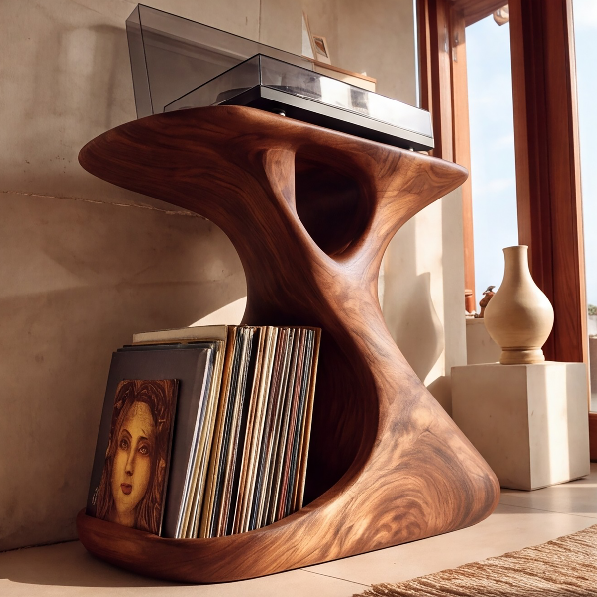 Veliwyn Sculpted Hourglass Frame Handcrafted Record Player Stand With Storage - Timberustic Record Player Stand With Storage