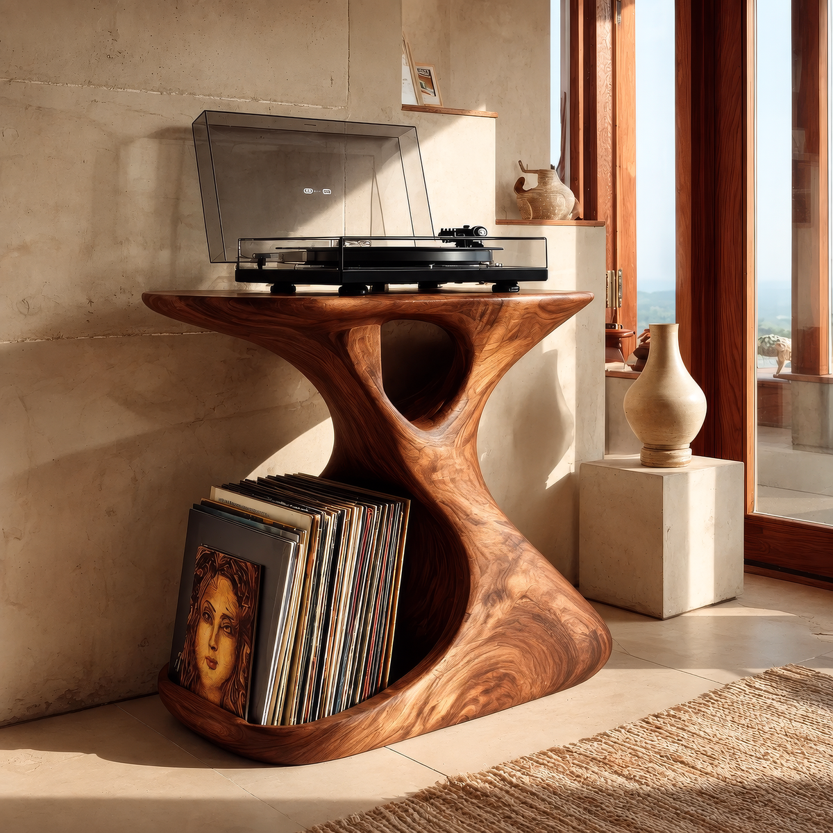 Veliwyn Sculpted Hourglass Frame Handcrafted Record Player Stand With Storage - Timberustic Record Player Stand With Storage