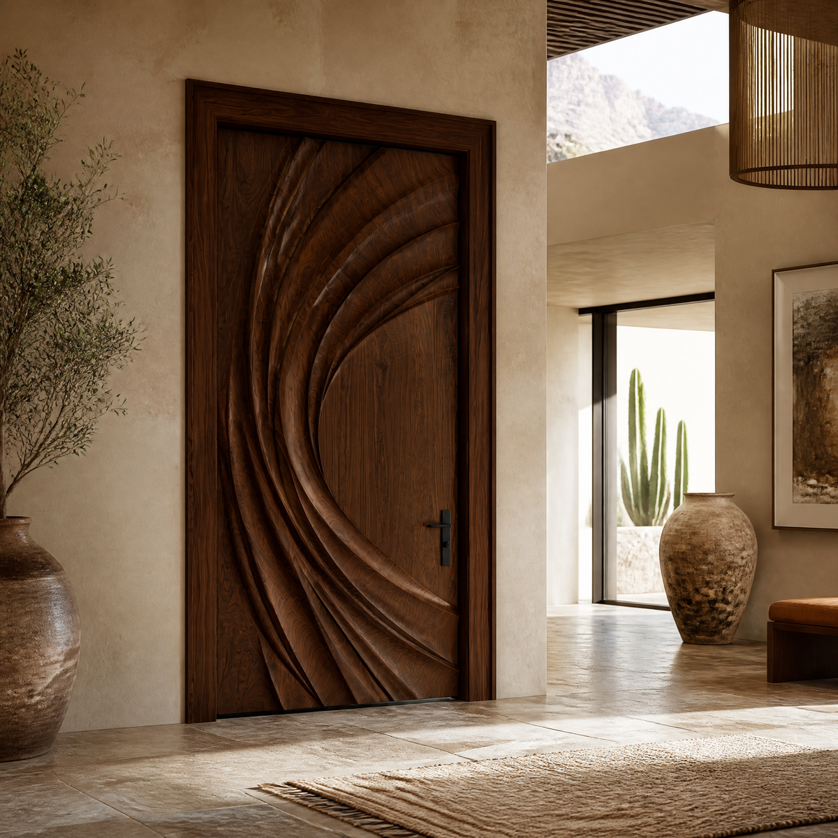 Velorell Radiating Fold Sculpted Handcrafted Door by Timberustic — Dark Walnut finish