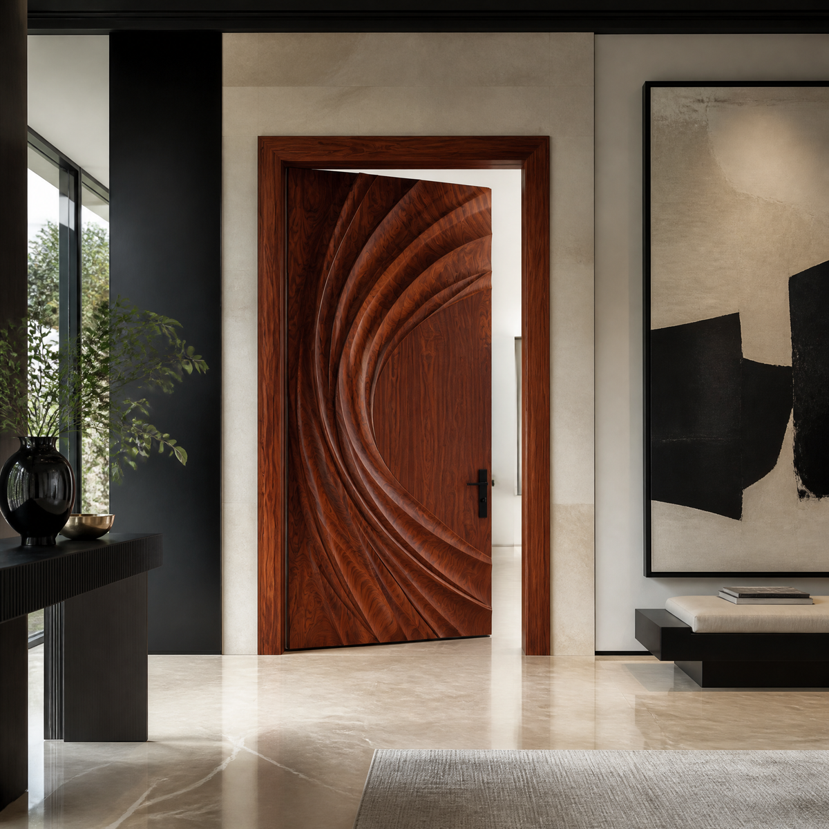 Velorell Radiating Fold Sculpted Handcrafted Door by Timberustic — Mahogany finish