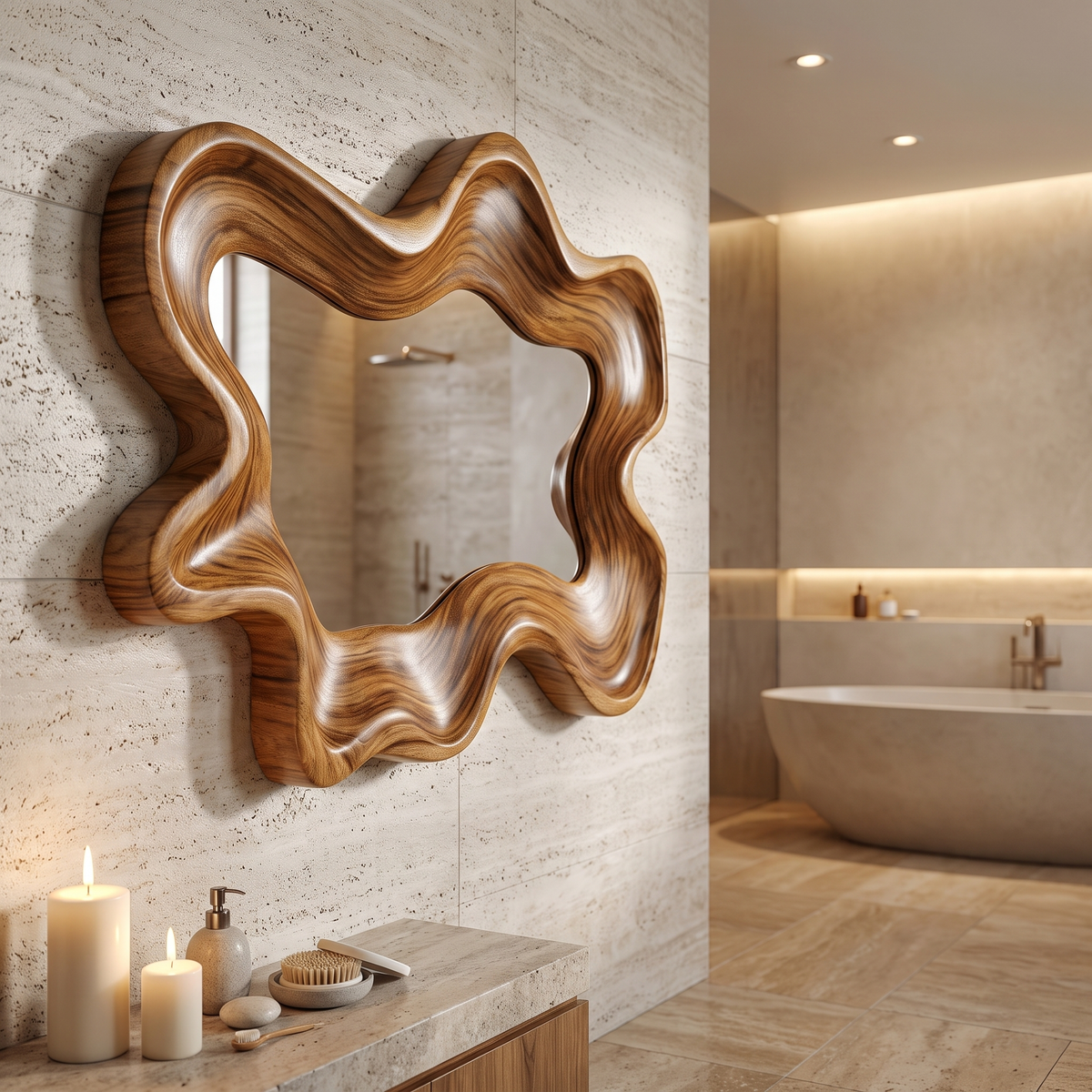 Velovale Undulating Sculpted Handcrafted Mirror Frame by Timberustic — Teak finish