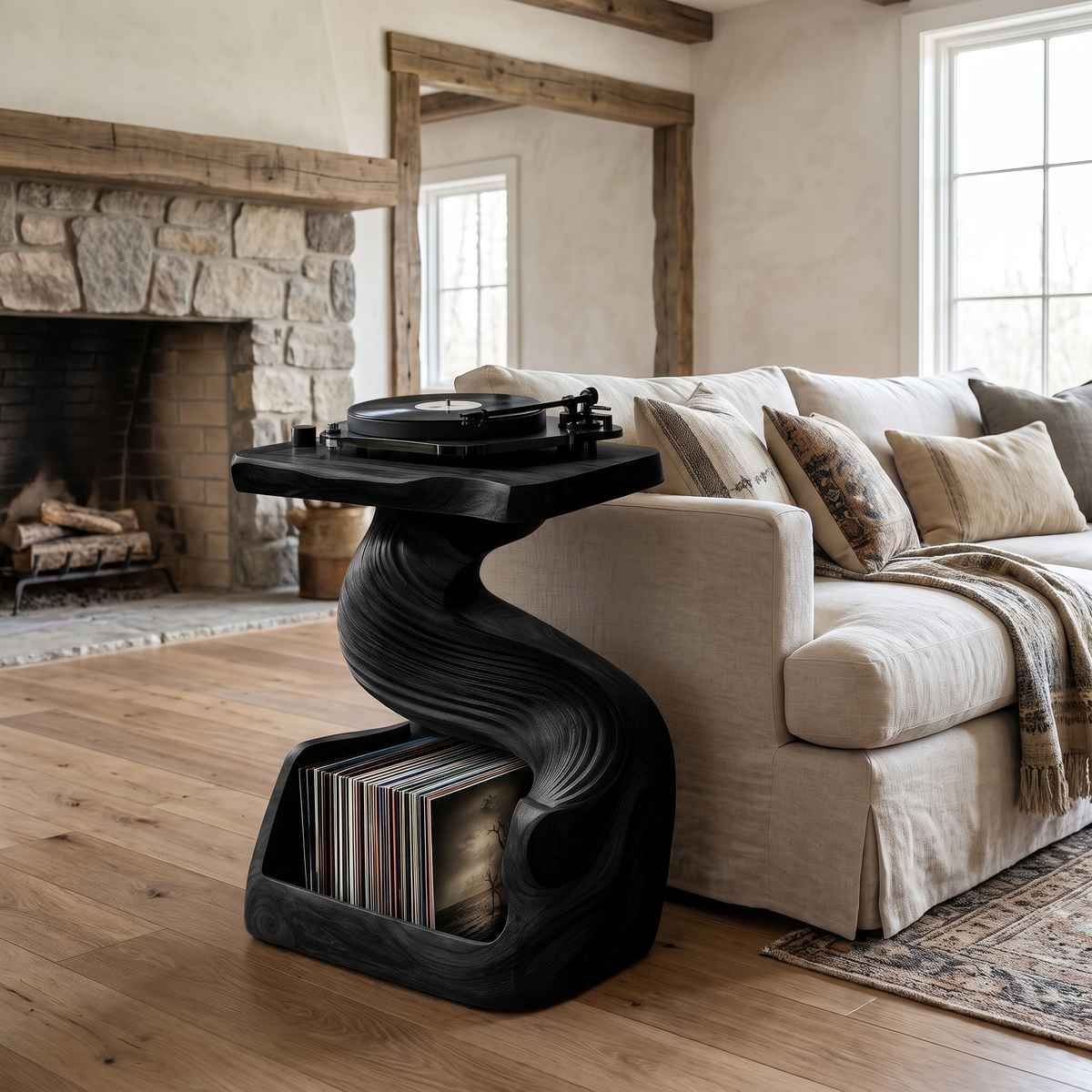 Vinyra Twisting Sculpted Handcrafted Record Player Stand With Storage Black - Timberustic Record Player Stand With Storage