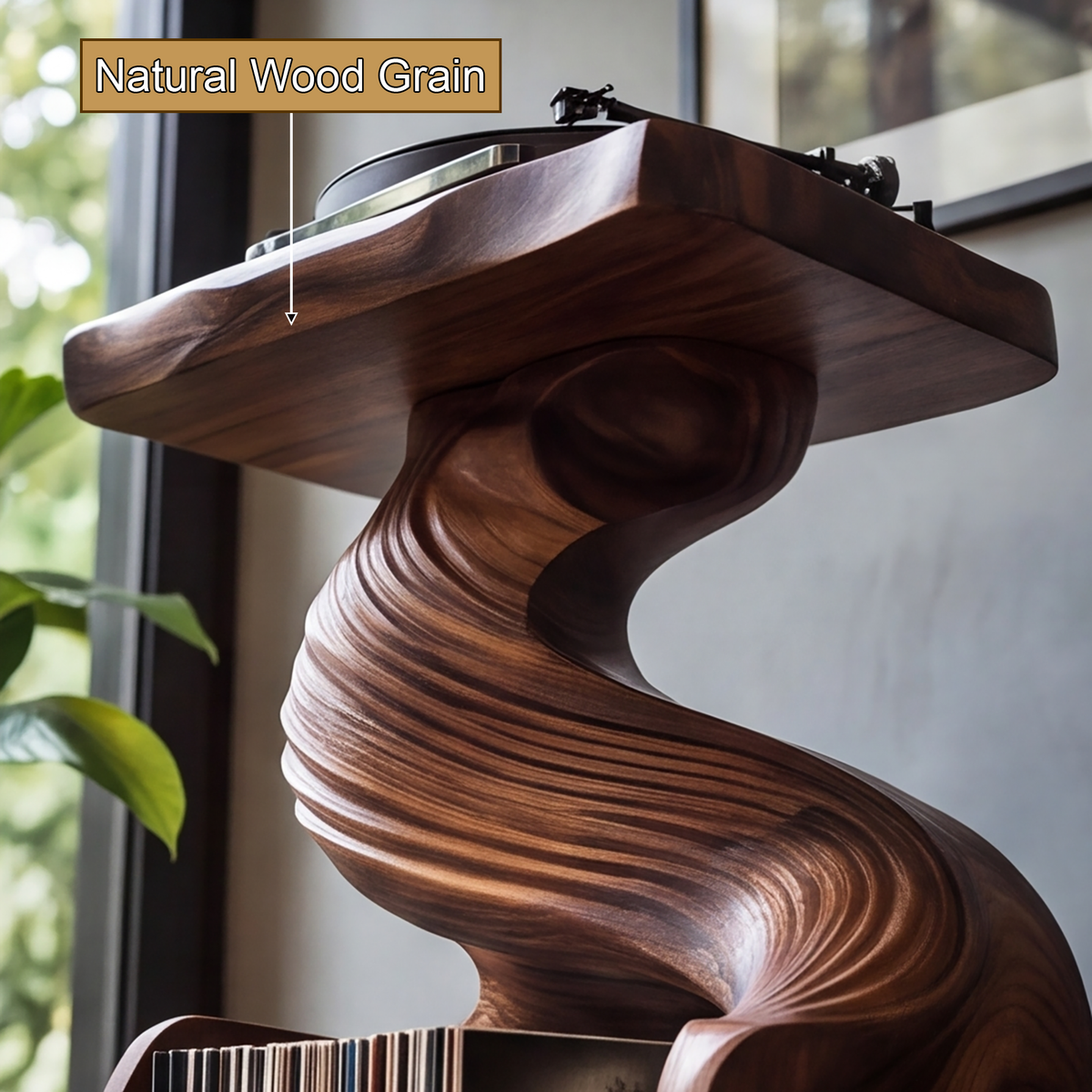 Vinyra Twisting Sculpted Handcrafted Record Player Stand With Storage - Timberustic Record Player Stand With Storage