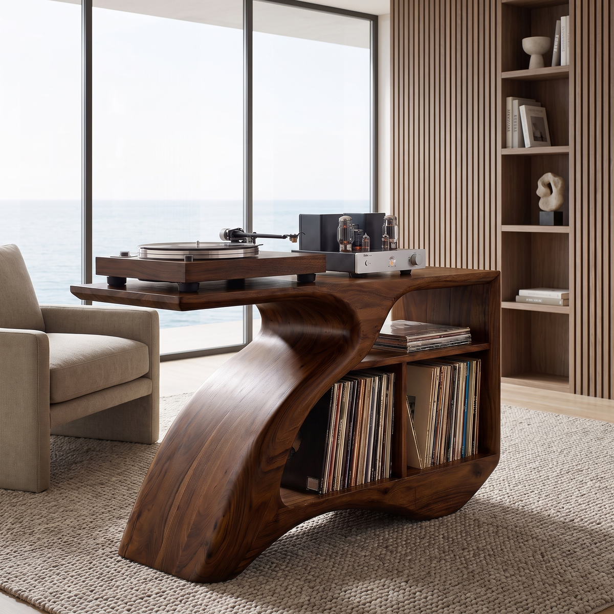 Vireamere Sculpted Curve Handcrafted Record Player Stand With Storage Dark Walnut - Timberustic Record Player Stand With Storage