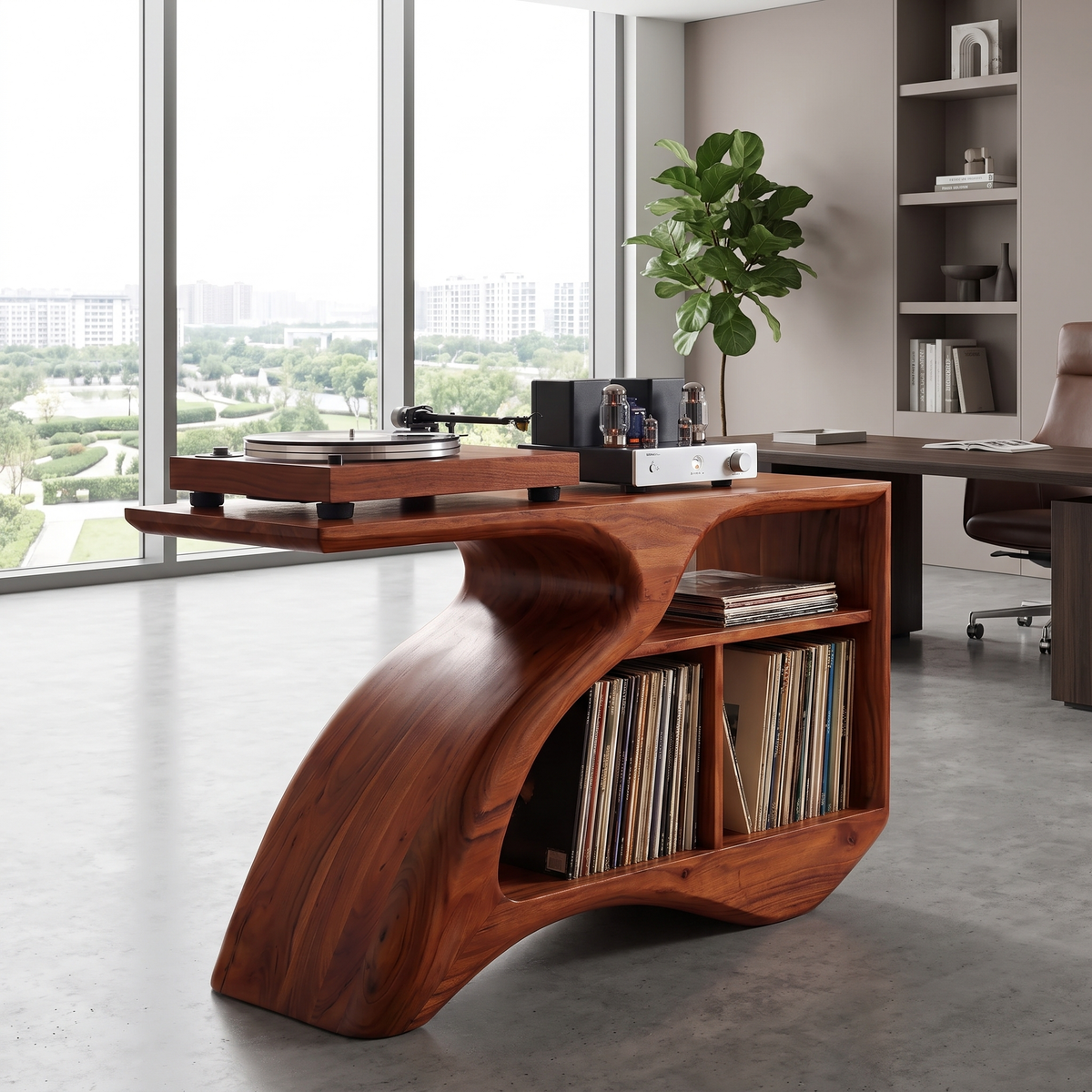 Vireamere Sculpted Curve Handcrafted Record Player Stand With Storage Mahogany - Timberustic Record Player Stand With Storage