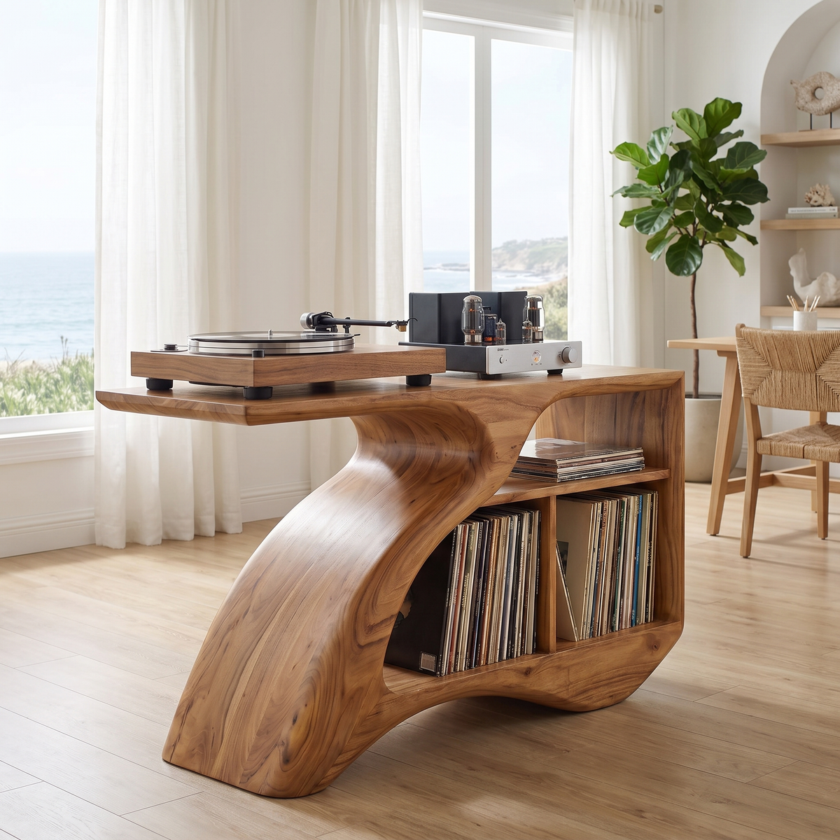 Vireamere Sculpted Curve Handcrafted Record Player Stand With Storage Natural Oak - Timberustic Record Player Stand With Storage