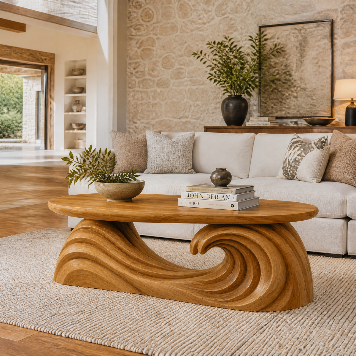 Virearell Sculpted Handcrafted Solid Wood Coffee Table by Timberustic — Teak finish