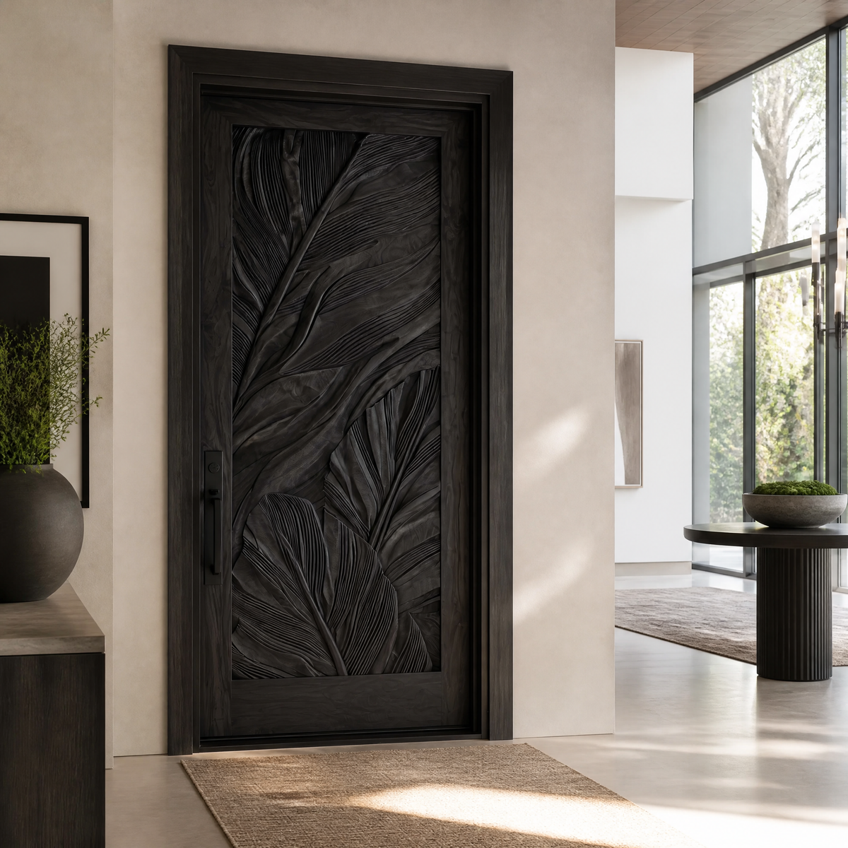 Vireedell Sculpted Botanical Leaf Handcrafted Door by Timberustic — Black finish
