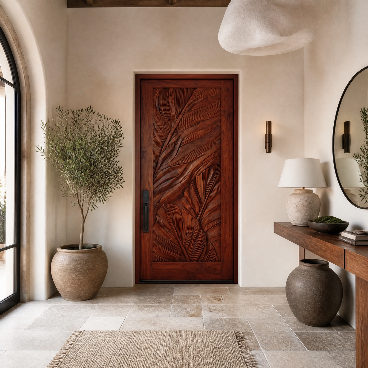 Vireedell Sculpted Botanical Leaf Handcrafted Door by Timberustic — Mahogany finish