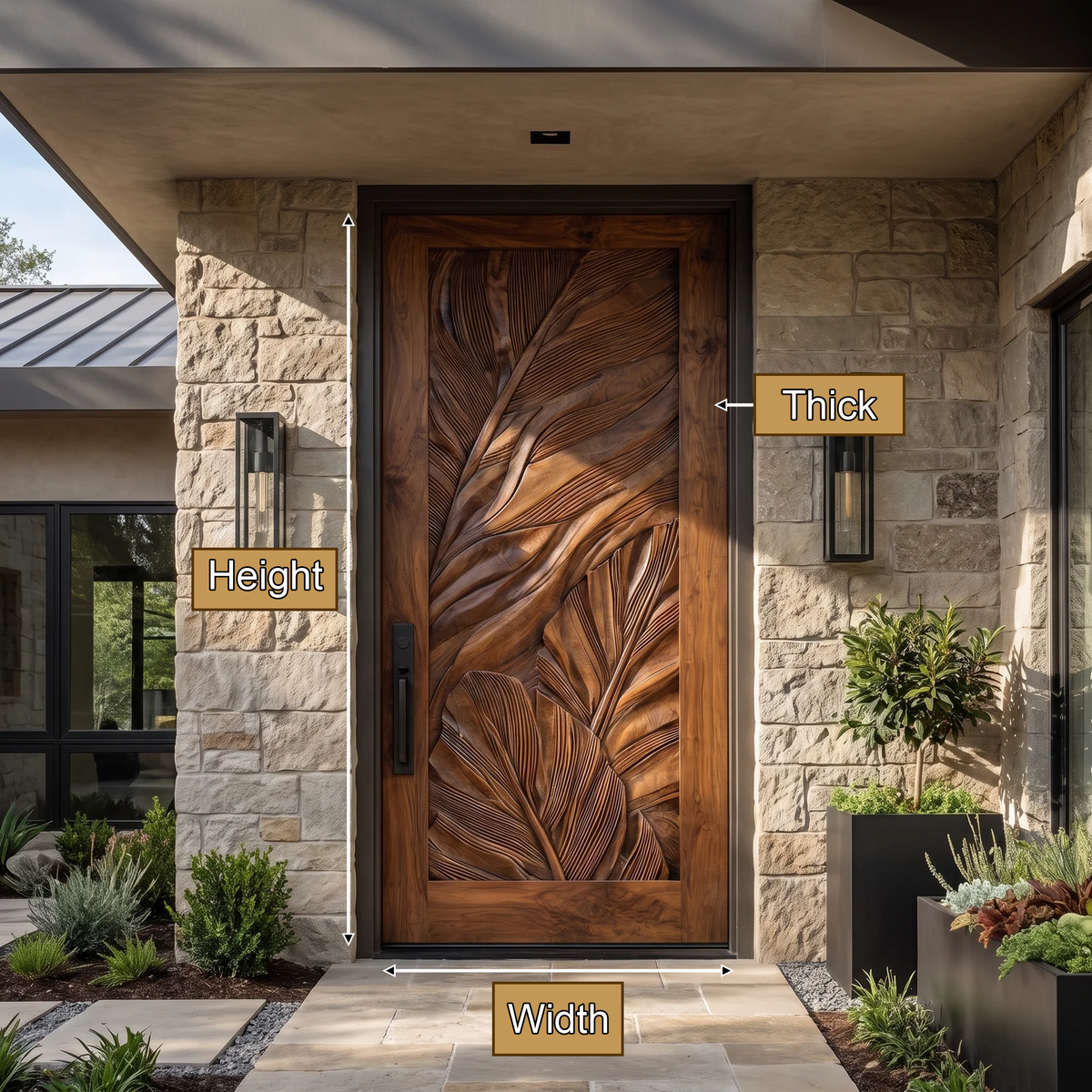 Vireedell Sculpted Botanical Leaf Handcrafted Door by Timberustic — product dimensions