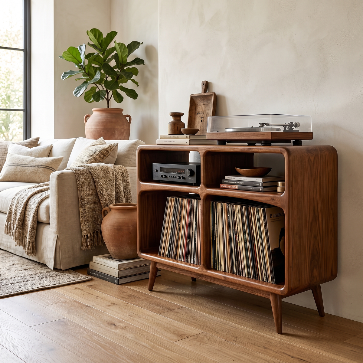 Vireedrin Sculpted Rounded Cabinet Handcrafted Record Player Stand With Storage Brown - Timberustic Record Player Stand With Storage