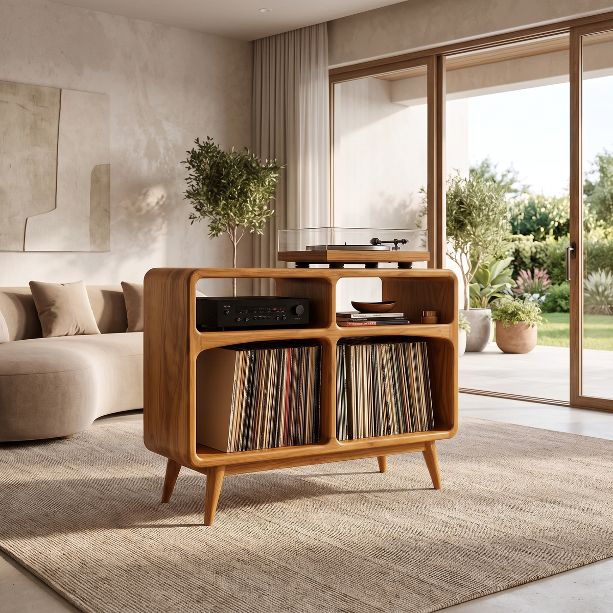 Vireedrin Sculpted Rounded Cabinet Handcrafted Record Player Stand With Storage Teak - Timberustic Record Player Stand With Storage