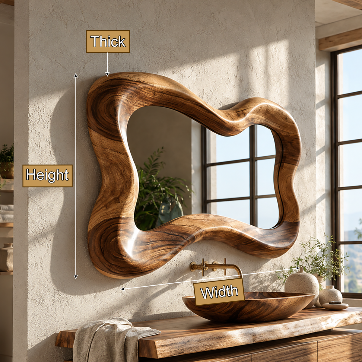 Vireelora Flowing Sculpted Handcrafted Mirror Frame by Timberustic — product dimensions