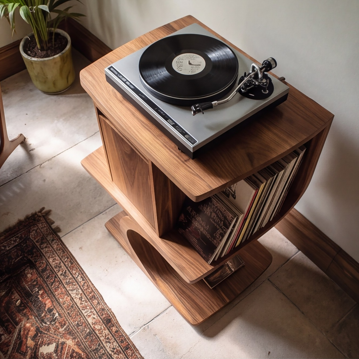 Vireevale Sculpted Curved Pedestal Handcrafted Record Player Stand With Storage - Timberustic Record Player Stand With Storage